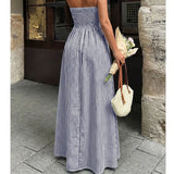 Daiiibabyyy  Women Deep V Neck Color Blocked Striped Vacation Dress Summer Backless Sleeveless Hanging Neck Beach Straps Leisure Long Skirt