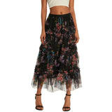 Daiiibabyyy  Early Fall Floral Print Ruffle Mesh Skirt Women Irregular Flowy A-line Midi Skirt for Travel, Beach, Shopping