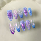 Daiiibabyyy  10pcs Summer Handmade Nails Sets Press on Flower Blue French Short Almond Fake Nails Art Aurora Design False Nail Tips Finished