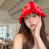 Daiiibabyyy Summer New Women Crochet Hand Made Hollow Knitted Fisherman Hats Casual Knit Hats Cherry Red Pink Bucket Hat Cap