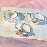 Daiiibabyyy  Y2K Pink Zircon Hollow Heart Rings for Women Minimalist Silver Color Opening Adjustable Ring Jewelry Wedding Gift