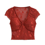 DAIIIBABYYY  -  Spicy Girl Retro Mesh See-through Bow V-neck Flying Sleeves T-shirts Women's Summer Pure Desire Style Butterfly Pullover Tops