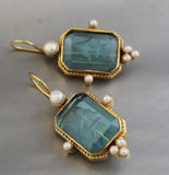 Daiiibabyyy  Retro Creative Golden Edging Geometry Hexagonal Green Crystal Imitation Pearl Dangle Earrings for Women Fashion Charm Jewelry