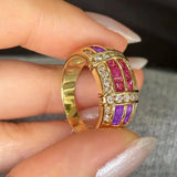 Daiiibabyyy  Vintage Medieval Style Jewelry Classic Double Color Red and Purple Zircon Rings Texture Heavy Work Ring For Women