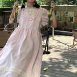 DAIIIBABYYY  -  Korean Commute Summer New Women's Patchwork Folds Ruffles Printed Crew Neck Bow Drawstring Short Sleeve Loose Sweet A-line Dress