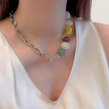 Daiiibabyyy  Creative Contrast Color Oval Round Geometric Natural Stone Strand Irregular Pendant Necklaces Women Silver Chain Chokers