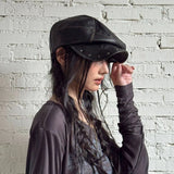 Daiiibabyyy  Spring New Rivet Punk Style Leather Beret Women Hat Pleated Design Spice Girls Fashion Beret Trendy Ladies Cool Chic Beret Hat