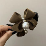 Daiiibabyyy  Velvet Bow Hair Claw Clips For Women Elegant Pearl Ornament Bun Clip Hair Grab Strong Hold Clamps Daily Hair Accessories