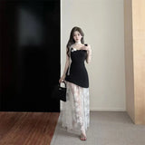 Daiiibabyyy  French  flower square neck vest splicing lace dress summer new temperament age-reducing versatile dress