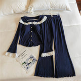 Daiiibabyyy  Lace Sleepwear Women Pajamas Set with Pad Spring Piiama Korean Casual Home Wear New Button Long Sleeve Sets 2 Pieces Night Wears