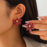 Daiiibabyyy  Vintage Dark Red Enamel Flower Stud Earrings European and American Vacation Style Sweet Floral Jewelry For Women