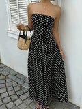 Daiiibabyyy  Elegant strapless waist cinching slimming dress with polka dot sexy off shoulder spring/summer new A-line skirt