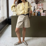 Daiiibabyyy  2025 Elegant Sexy Chiffon Summer Tops Pleated Ruffles Trim V-neck Long Sleeved Sheer Loose Shirts Blouse Holiday Streetwear