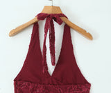 Daiiibabyyy  Sexy Wine red Mesh Flocking Sequins Tie Bow Halter V Collar Backless Dress Women Backless A-line mini Dresses Femme Vestidos