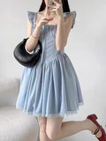 DAIIIBABYYY  -  Sweet French Blue Dress Women Elegant Lace Patchwork Retro Sexy Mini Dress Casual Square Collar Flying Sleeve Vestidos New
