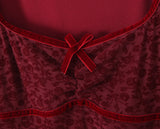 Daiiibabyyy  Sexy Wine red Flocking Flower Mesh Flare Sleeve Dress Woman Bow Square neck Package Hips A-line Mini Party Robe Bodycon