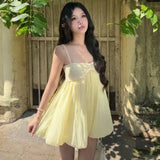 Daiiibabyyy  Summer French Sweet Solid Patchwork Sequined Spaghetti Strap Loose Camis