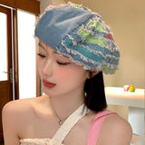 Daiiibabyyy Denim Washed Burr Edge Summer Spring Berets Ladies Women Girls Fashion Trendy Outdoor Street Cap