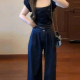 DAIIIBABYYY  -  Casual Denim Suit Women's Summer Bow Short-sleeved Top High Waist Wide Leg Pants Two-piece Set Fashion Female Clothes