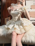 Daiiibabyyy  Elegant Princess Polka Dot Puff Dress Women Bow Strap Birthday Party Dresses Girls Sweet Ruched Design Slim Fit Outfits New