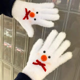 Daiiibabyyy  Winter Warm Sweet Bow Plush Gloves for Women Five-finger Gloves Cartoon Red Nose Snowman Mittens Girls Christmas Friend Gifts
