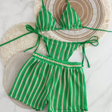 Daiiibabyyy  Stripe Mesh Three-piece Set Bikini Set Fashion Multiple Styles Multi-Color For Women's Sexy Backless Strap Triangle Cup Swimwear