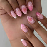 Daiiibabyyy  24Pcs French White Gradient Almond Press on Nails Flower Pattern False Nails with 3D Rhinestone Design Fake Nail Art
