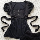 Daiiibabyyy  French Retro Vintage Sweet Cool Lace Black Bubble Sleeves Straps Slimming Short Sleeved Top T-shirt Ins