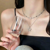 Daiiibabyyy  Y2K Hollow Star Pendant Stainless Steel Double Layer Chain Choker Necklace for Women Punk Hip Hop Trend Neck Chain Jewelry