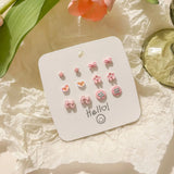 DAIIIBABYYY  -  Hot Selling Cute Flower Heart Cartoon Animal Stud Earrings Set for Women Korean Fashion Sweet Pink Peach Earring Jewelry