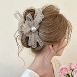 Daiiibabyyy  1PC Mesh Bow Round Bead Hair Clip for Women, High-End Feeling, New Style, Back of Head Hair Clip, Shark Clip Hair Accessory