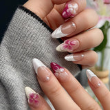 Daiiibabyyy  24PCS White French False Nails 3D Simple Red Flowers Designs Almond Press on Nails with Pearl Fake Nails for Women Wearable Tips