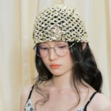 Daiiibabyyy  Retro Vintage Sequin Woven Cap Y2k Knit Sequin Bucket Hat Thin Hollow Beanie Hats Summer