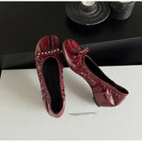 Daiiibabyyy  Ballet Style Vintage Pleated Split Toe Women Pumps Fashion Soft Leather Rivet Bowknot 5CM High Heels Casual Tabi Loafers Shoes
