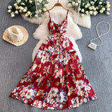 Daiiibabyyy  Vintage New Printing Slip Dress for Women Fashion A-Line Ruffled Robe Femme Sweet Backless Korean Dresses Vestidos De Mujer