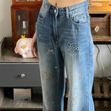 DAIIIBABYYY  -  American Style Spring Printing Graffiti Vintage Women New Embroidery Jeans Summer High Waisted Loose Wide Legs Casual Trousers