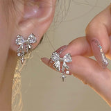 Daiiibabyyy New Fashion Bling White Pink Ziircon Bow Earrings for Women High-end S925 Silver Needle Studs Sweet Elegant Party Jewelry Gifts