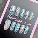 Daiiibabyyy  24Pcs Mid-length Almond Press on Fake Nails Blue Pink Gradient Butterfly False Nails Heart Gilded Silver Reusable Manicure Tips