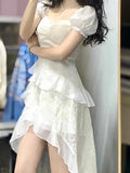 Daiiibabyyy  Vestidos De Mujer Summer Puff Sleeve Dresses Women Fashion Sweet Irregular Ruffled Robe Femme Square Collar Korean Dress