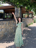 Daiiibabyyy  Green Floral Print Maxi Dress Summer Beach Vacation Essential Beautiful V-Neck Sleeveless High Waist A- Line Dress