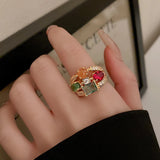 Daiiibabyyy  Vintage Colorful Zircon Rings For Women Square Exquisite Crystal Adjustable Geometric Finger Ring Wedding Jewelry Gifts