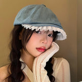 Daiiibabyyy  -  Women Spring Summer Lace Denim Beret Cap Japanese Retro Painter Hat Versatile Big Head Circumference Forward Hat
