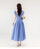 Daiiibabyyy  New Summer French Elegant Sexy Slash Neck Simple Summer Dress Women's Slim Waist Fuff Short Sleeve Solid Long Evening Dress