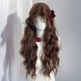 Daiiibabyyy  Chestnut Brown Long Water Wave Synthetic Wig Curtain Bangs Sweet Women Daily Party Lolita Cosplay Dating Costume Hairpiece