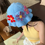 Daiiibabyyy Japanese Niche Colorful Flowers Hollow Knitted Bucket Hats for Women Spring and Summer Vacation Fashion Versatile Basin Caps