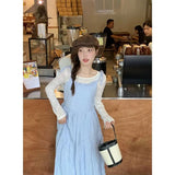 Daiiibabyyy  Korean Style Dress Set Women Spring Gentle Long Plaid Slip Dress Layered Lace Long Sleeve T-shirt Two Piece Set Women Outfits