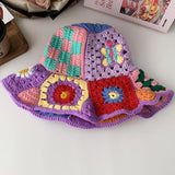 Daiiibabyyy  Wind Flower Handmade Wool Crochet Bucket Hat Women's Big Brim Retro Grandmother Grid Splicing Crochet Bucket Hat