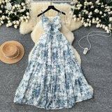 DAIIIBABYYY  -  Elegant V-neck Vintage Sleeveless Chic Print Slim Chiffon Straps Dresses French Fashion Evening High Street Summer Sexy Clothing