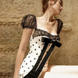 Daiiibabyyy  Polka Dots Print Sheer Mesh Patchwork Bow Ribbon Bodycon Mini Dress Women Elegant Strapless Puff Short Sleeve Party Clubwear
