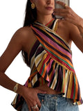 Daiiibabyyy  Striped Ruffle Halter Asymmetrical Tops Women Sexy Sleeveless Side Placket Irregular Hem Slim Crop Top Summer New Lady Partywear